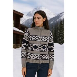 Vintage Ralph Lauren Cotton Fair Isle Full Zip Cardigan Sweater Large Gray